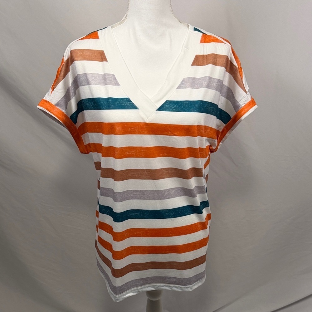 Vibrant Striped V-Neck Women's Tee Size XL